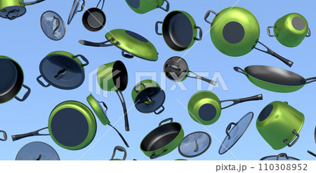 Many of flying frying pan with glass lid on blue background, non-stick Many of flying frying pan with glass lid on blue background, non-stick 110308952