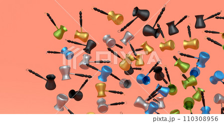 Many of flying Turkish coffee cooked in sand or coffee maker cezve on orange 110308956