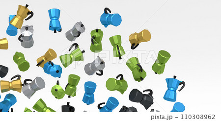Many of flying Italian geyser coffee maker a la moka on white background. Many of flying Italian geyser coffee maker a la moka on white background. 110308962