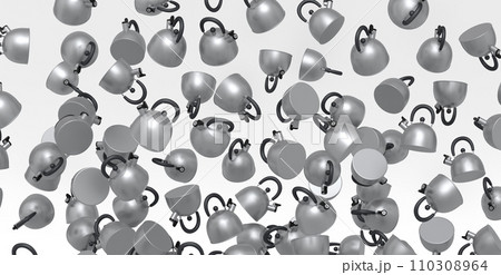 Many of flying steel stovetop kettle with whistle isolated on white background. 110308964