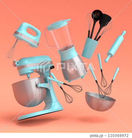 Mixer and bowl with kitchen utensil for preparation of dough on orange Mixer and bowl with kitchen utensil for preparation of dough on orange 110308972