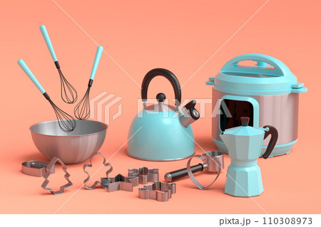 Espresso coffee machine, hand mixer, kettle and toaster on orange background. Espresso coffee machine, hand mixer, kettle and toaster on orange background. 110308973