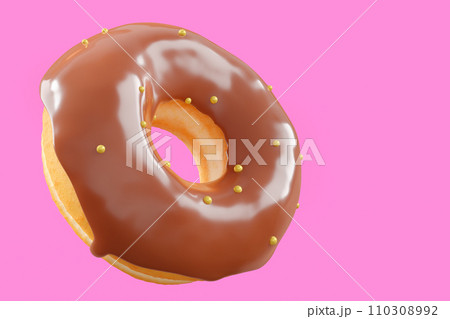 Chocolate glazed donut with sprinkles on a pink background 110308992