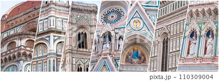 Details of the exterior of the Santa Maria del Fiore Cathedral of Saint Mary of the Flower - the main church of Florence at Tuscany, Italy. Details of the exterior of the Santa Maria del Fiore Cathedral of Saint Mary of the Flower - the main church of Florence at Tuscany, Italy. 110309004
