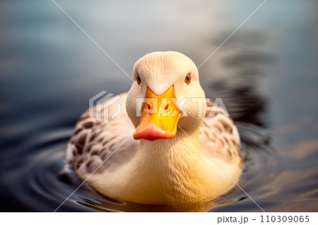 A white mallard duck is swimming in pond, a closeup of goose in a body of lake water 110309065