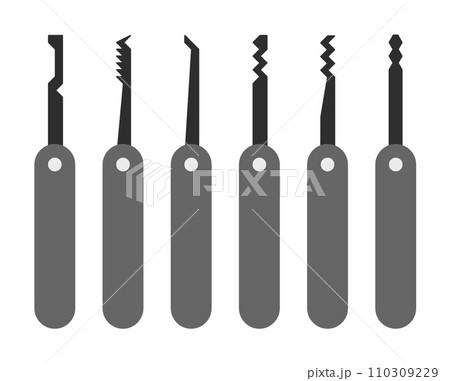 犯罪者や鍵師が持つ解錠用ピッキングの種類別イラスト 犯罪者や鍵師が持つ解錠用ピッキングの種類別イラスト 110309229