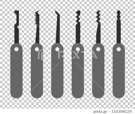 犯罪者や鍵師が持つ解錠用ピッキングの種類別イラスト 犯罪者や鍵師が持つ解錠用ピッキングの種類別イラスト 110309229