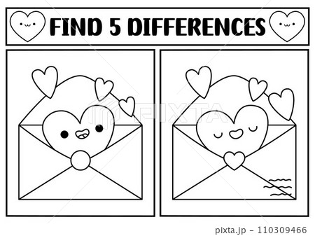 Saint Valentine kawaii black and white find differences game. Attention skills line activity with cute opened envelope with heart. Love holiday puzzle, coloring page for kids. Printable worksheet Saint Valentine kawaii black and white find differences game. Attention skills line activity with cute opened envelope with heart. Love holiday puzzle, coloring page for kids. Printable worksheet 110309466