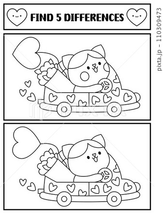 Saint Valentine kawaii black and white find differences game. Attention skills activity with cat on car with heart, flower bouquet. Love holiday puzzle, coloring page for kids. Printable worksheet Saint Valentine kawaii black and white find differences game. Attention skills activity with cat on car with heart, flower bouquet. Love holiday puzzle, coloring page for kids. Printable worksheet 110309473