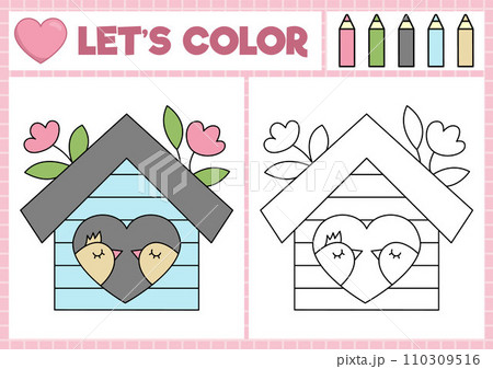 Saint Valentine coloring page for children with cute kawaii birdhouse with birds. Vector love holiday outline illustration. Color book for kids with colored example. Drawing skills worksheet 110309516
