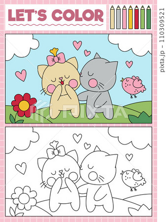 Saint Valentine coloring page for children with cute kawaii scene with cat couple. Vector love holiday outline illustration. Color book for kids with colored example. Drawing skills worksheet Saint Valentine coloring page for children with cute kawaii scene with cat couple. Vector love holiday outline illustration. Color book for kids with colored example. Drawing skills worksheet 110309521