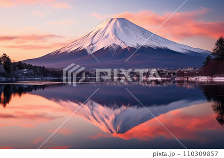 水面に映る富士山と朝焼けに染まる空：AI生成画像 110309857