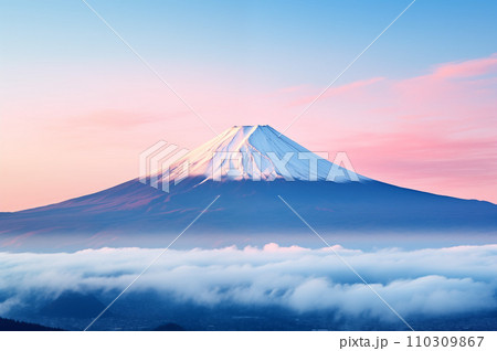 一面に広がる雲海と朝焼けに染まる富士山:AI生成画像 一面に広がる雲海と朝焼けに染まる富士山:AI生成画像 110309867