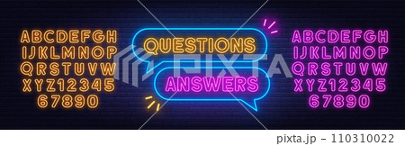 Questions Answers neon sign in the speech bubble on brick wall background. 110310022