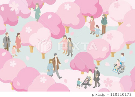 フレーム　アイソメトリック　人物　家族　子供　春　お花見　さくら　桜　背景　イラスト素材 110310172