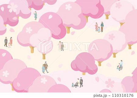フレーム　アイソメトリック　人物　家族　子供　春　お花見　さくら　桜　背景　イラスト素材 110310176