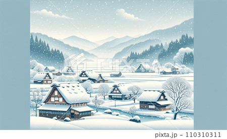 飛騨高山地方の冬の風景を描いたイラストです 110310311