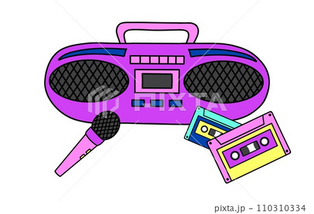 Retro tape recorder with audio cassettes and microphone. Portable stereo radio cassette boombox. Pop culture from 90s concept. 90s 00s style hand drawn vector illustration 110310334