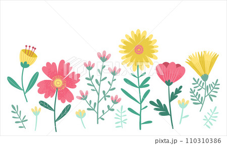 Set of Floral Elements, Wild Flowers in Pink and Yellow with Copy Space. Wall Art, Nursery or Childrens room concept Design for Banner, Cover, Decoration, Poster, Greeting card or Invitation.  110310386