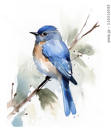 Bluebird on branch. Watercolor painting. Hand drawn illustration.	 110310595