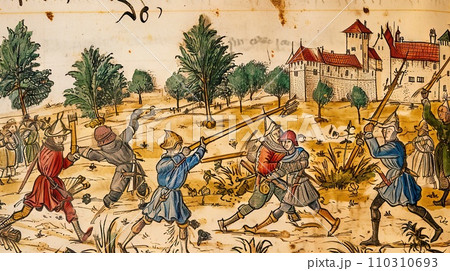 Medieval style illustration of the battle scene. 110310693