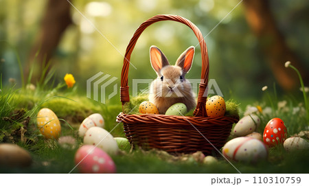 Easter bunny with a basket of eggs. 110310759