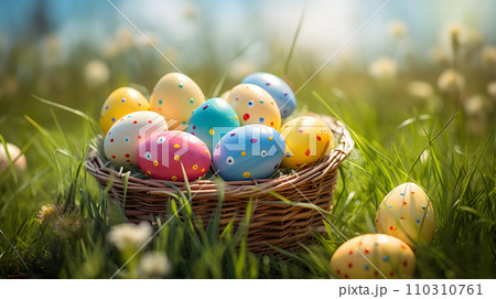 Wicker basket with Easter eggs Wicker basket with Easter eggs 110310761