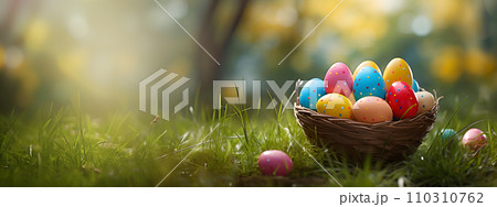 Wicker basket with Easter eggs Wicker basket with Easter eggs 110310762