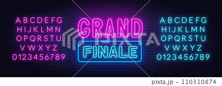 Grand Finale neon sign on brick wall background. Grand Finale neon sign on brick wall background. 110310874