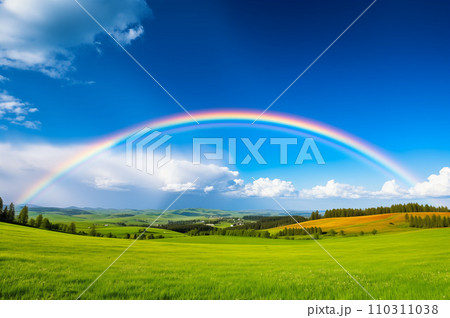 雨上がりの空に架かる大きな虹：AI生成画像 110311038