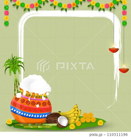 Happy Pongal background with coconut, banana, sugarcane, pongal pot and flowers. Vector illustration. 110311196