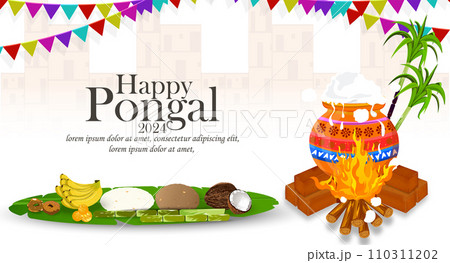 Happy Pongal Festival of India banner design template with traditional food. Vector illustration 110311202