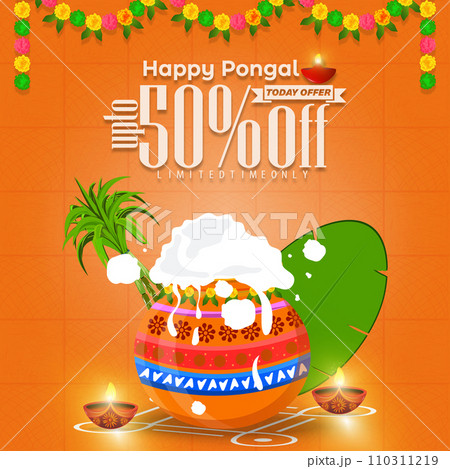 Happy Pongal Holiday Background for Festival of Tamil Nadu India. Pongal celebration sale banner template design. Vector illustration Happy Pongal Holiday Background for Festival of Tamil Nadu India. Pongal celebration sale banner template design. Vector illustration 110311219