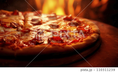 AI-generated content. Italian pepperoni pizza on wooden table in front of oven with open fire, copy space, AI generated 110311239
