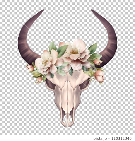 Bohemian bull skull. Western bull with flowers. Isolated on white. Boho skull style. Hand drawn illustration 110311340
