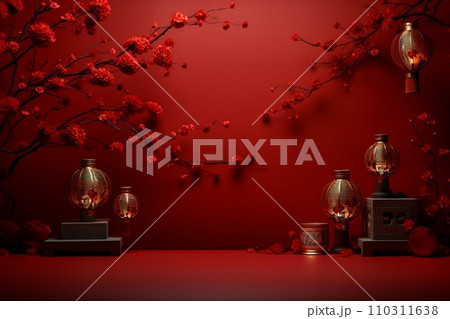 AI Generated Chinese lunar new year background design concept with lantern and festive decoration. 110311638