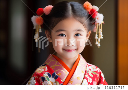 七五三で着物を着て記念写真を撮る女の子：AI生成画像 110311715