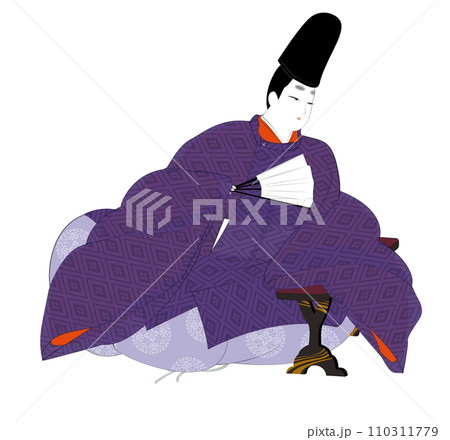 日本の貴族の古典衣裳.夏の直衣姿で脇息に 凭れ掛かる 男性。平安時代イメージイラスト 日本の貴族の古典衣裳.夏の直衣姿で脇息に 凭れ掛かる 男性。平安時代イメージイラスト 110311779