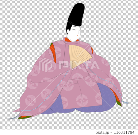 日本貴族的古典服裝。穿著休閒 kari-gi 的男人。平安時代圖像插圖 110311784