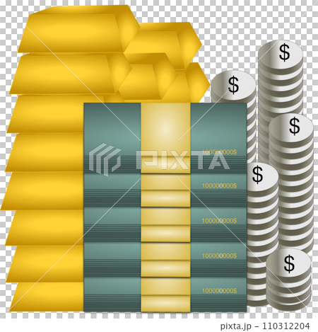 set of gold bars, dollar bills and coins set of gold bars, dollar bills and coins 110312204