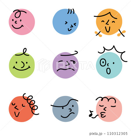 丸の上に描かれた、いろいろな色と表情の抽象的な顔のベクターイラスト