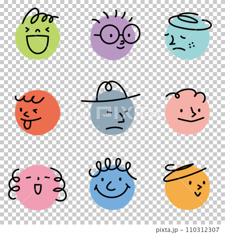 Vector illustration of abstract faces in different colors and expressions drawn on circles Vector illustration of abstract faces in different colors and expressions drawn on circles 110312307