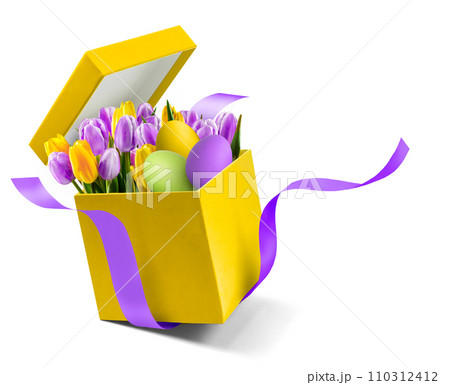 Spring tulips with easter eggs in yellow gift box isolated on white Spring tulips with easter eggs in yellow gift box isolated on white 110312412