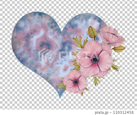 Cosmic heart with pink anemone flower.Heavenly botanical element for Valentine's day,mother's day. Esotericism and spirituality concept.Watercolor and marker illustration.Hand drawn isolated art. 110312458