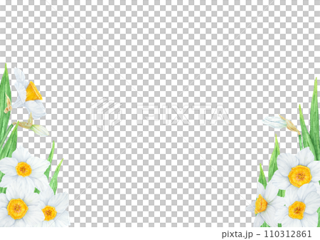 Narcissus, watercolor illustration of daffodils. Hand drawn watercolor frame of a fragrant spring garden flowers. White and yellow botanical painting for greeting, wedding, Easter, Mothers day print 110312861