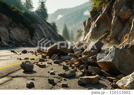 土砂崩れにより塞がれた道路：AI生成画像 110313002