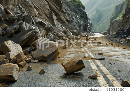 土砂崩れにより塞がれた道路：AI生成画像 110313004