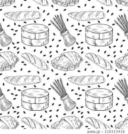 Hand-drawn seamless pattern of bread and bakery products. The background of bakery products. Hand-drawn seamless pattern of bread and bakery products. The background of bakery products. 110313416