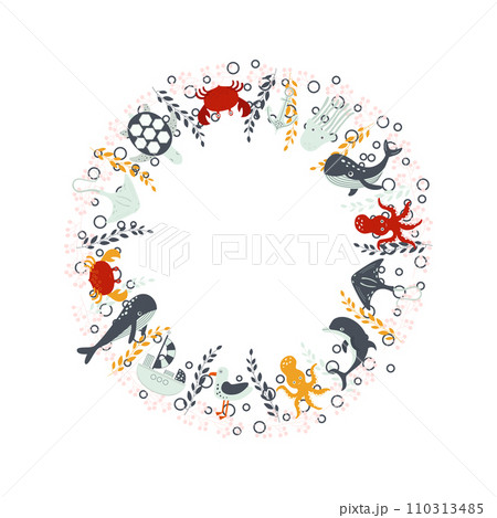 A composition template in the form of a wreath of marine life and plants, ideal for postcards, A composition template in the form of a wreath of marine life and plants, ideal for postcards, 110313485