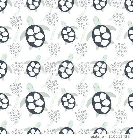 Seamless pattern with sea animals. Turtle in the ocean among sea plants on a white background.  110313488